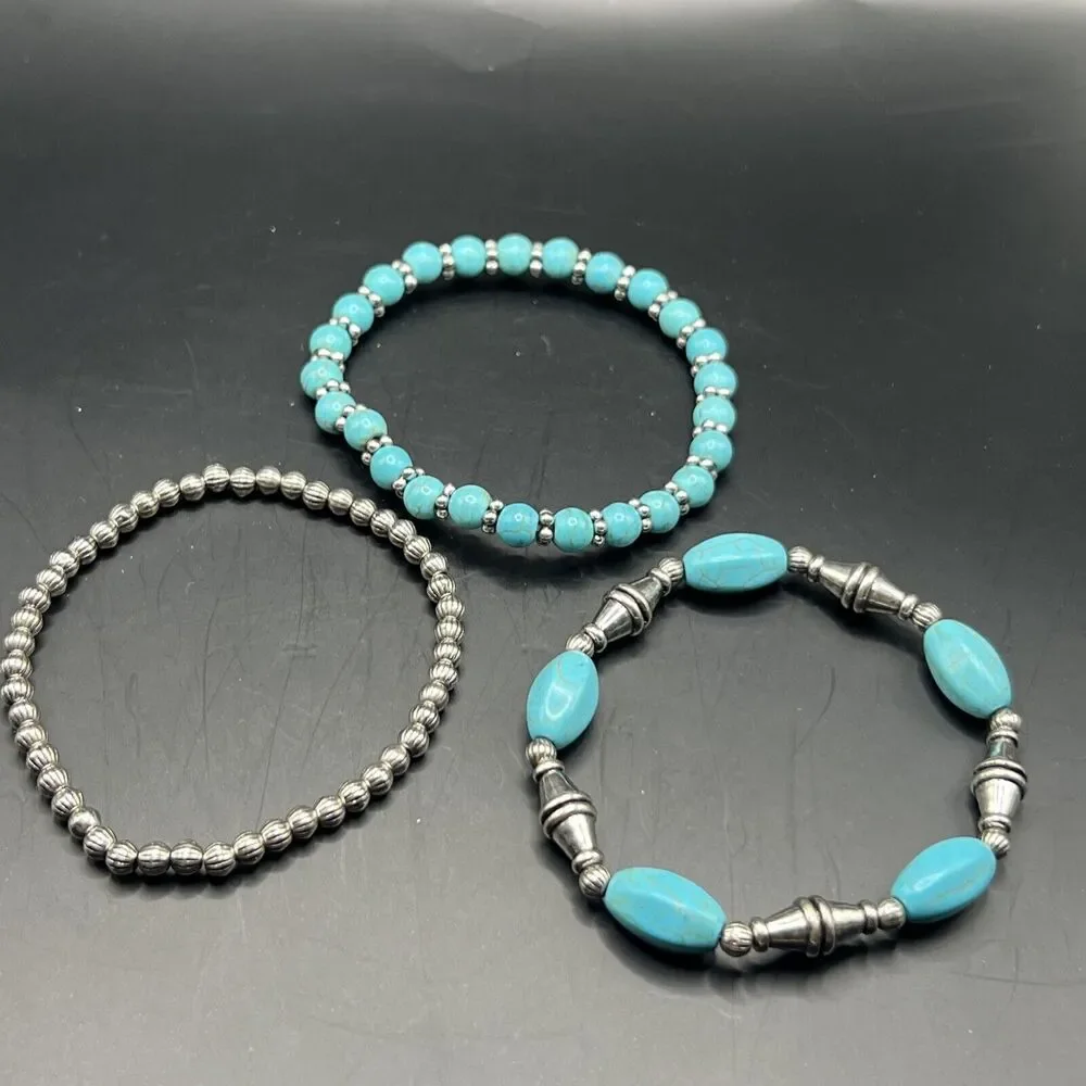 Bracelet Silver Stretch Bangle Multi Layering Blue Boho Western Turquoise - Picture 9 of 10